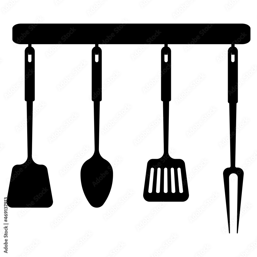 Kitchen tools on a hanger - whisk, ladle, spatula, potato masher. Isolated vector illustration on white background. Kitchen tools on a hanger - whisk, ladle, spatula, potato masher. Isolated vector illustration on white background.