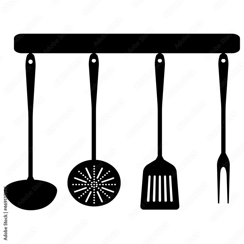 Kitchen tools on a hanger - whisk, ladle, spatula, potato masher. Isolated vector illustration on white background. Kitchen tools on a hanger - whisk, ladle, spatula, potato masher. Isolated vector illustration on white background.