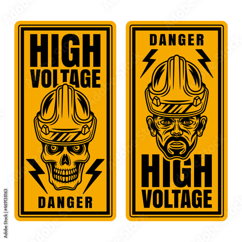 Danger high voltage vector sign banners with skull in hard hat and worker head warning symbol illustration