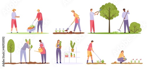 Flat people characters planting trees and flowers in garden. Ecology volunteers with shovels and rakes. Farm and gardening worker vector set