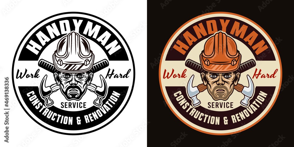 Construction service and handyman vector round emblem, label, badge or logo with worker head in hard hat and crossed hammers. Illustration in two styles black on white and colorful on dark background