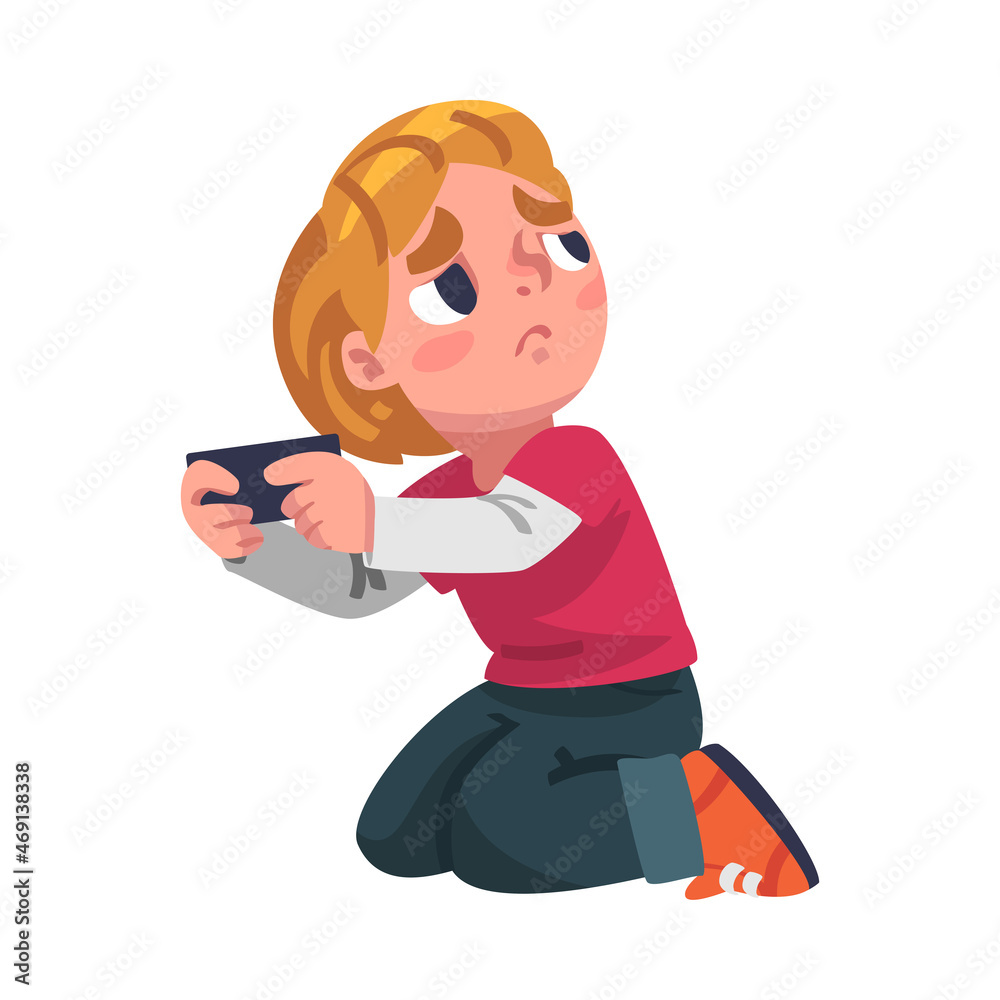 Sad Boy Addicted to Gadget with Imploring Glance Playing Video Game with Console Vector Illustration Sad Boy Addicted to Gadget with Imploring Glance Playing Video Game with Console Vector Illustration