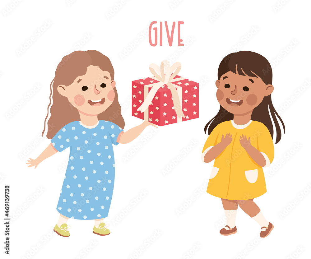 Little Girl Giving Wrapped Gift Box Congratulating Her Agemate with Birthday Vector Illustration Little Girl Giving Wrapped Gift Box Congratulating Her Agemate with Birthday Vector Illustration