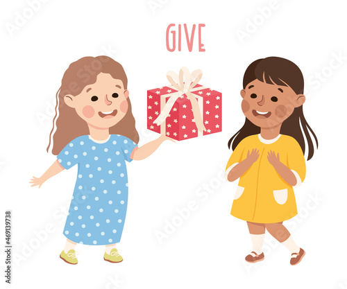 Little Girl Giving Wrapped Gift Box Congratulating Her Agemate with Birthday Vector Illustration