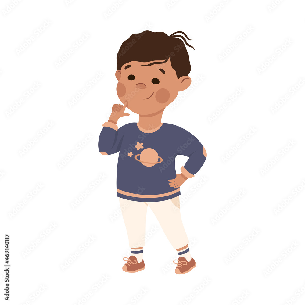 Obraz premium Little Boy Thinking and Figuring Something out Vector Illustration