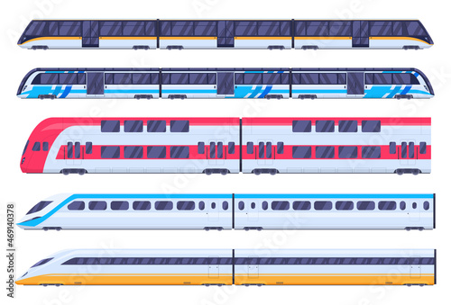 Passenger trains modern railway carriage set vector flat illustration contemporary railroad express