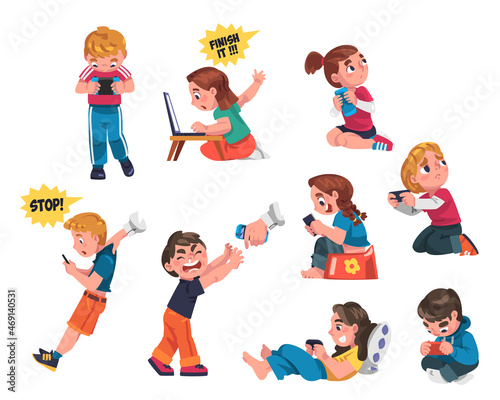Children Addicted to Gadget Using Console Playing Video Game Vector Set