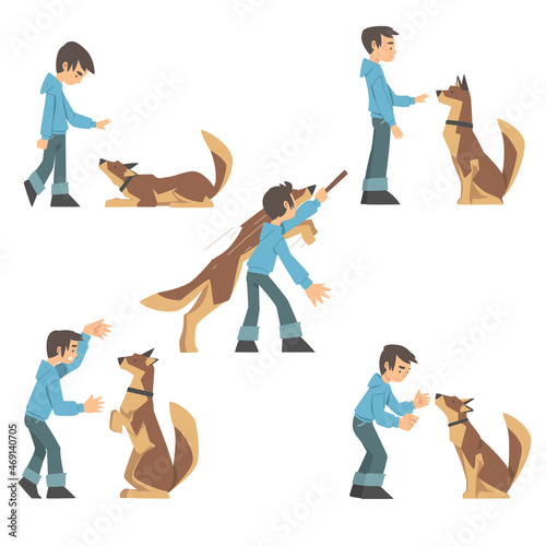 Young Boy Training His Dog Teaching Him Sitting on Command Vector Set