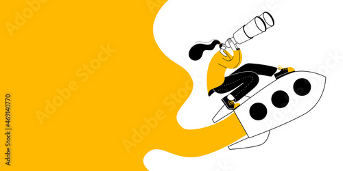 A girl with binoculars is flying on a rocket. Vector illustration about the search for a successful idea. Horizontal banner template.