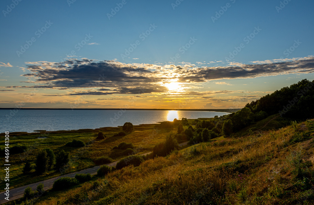 view of Lake Pleshcheyevo at sunset