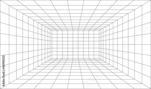 3d perspective line grid, wireframe room background. Futuristic cyber box room. Cyber, virtual surface