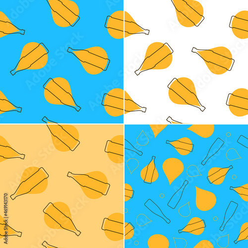 Beer bottles and alcohol drop seamless pattern. Line art style. Outline image. Four repeat template. Party drinks. Color Illustration on white background. Flat design style for any purposes