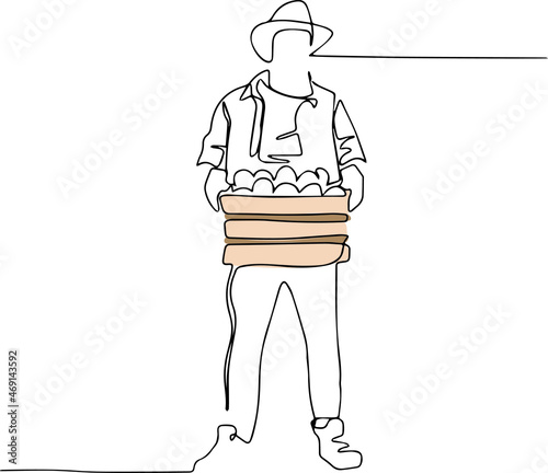 Continuous one line drawing of farmer posing with burlap sacks. Minimal outline concept. Old fermer with crossing hands in the hat standing in the golden field and turning.