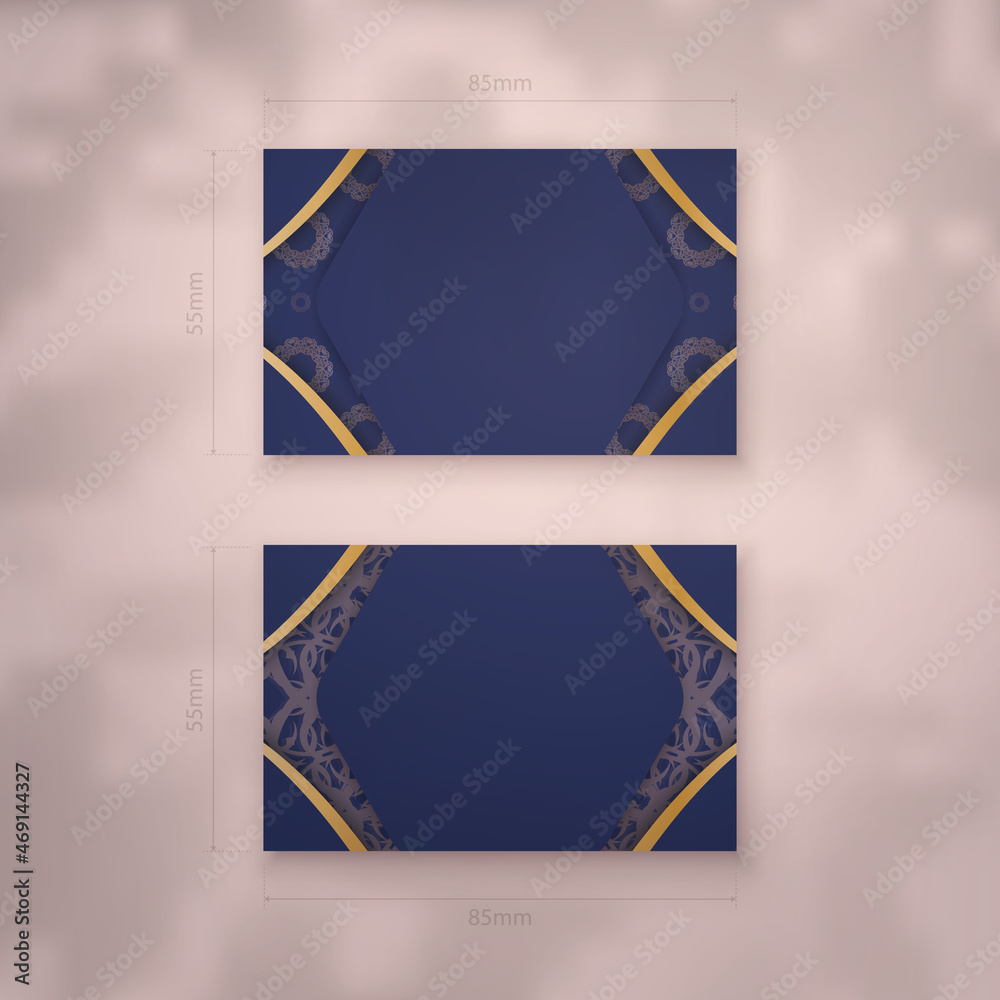 Dark blue business card template with gold mandala pattern for your brand. Dark blue business card template with gold mandala pattern for your brand.