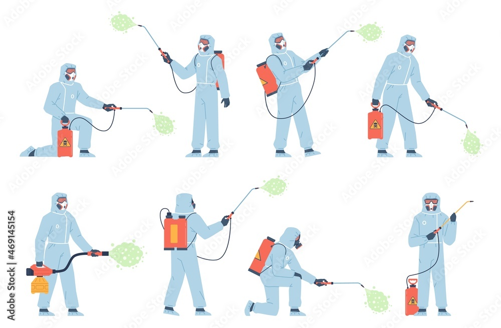 Disinfector characters. People in uniform spraying poison gas. Insect protection service. Employees getting rid parasites and rats. Workers with chemical sprayers. Vector poses set