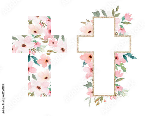 Canvas Print Watercolor Flower Cross Set, perfect for Easter, First Communion, Christening, and Baptism Invitations