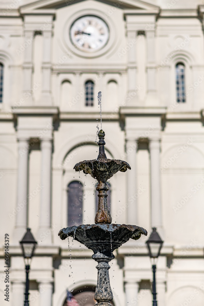 Shallow focus on the top of the fountain in front of the famous St. Louis Cathedral in Jackson Square, in the French Quarter.
