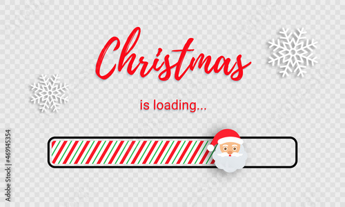 Christmas loading bar. Countdown with candy cane fill, Santa and snowflakes. Funny download banner. Xmas progress load. Holiday count down graph on transparent background. Vector illustration.