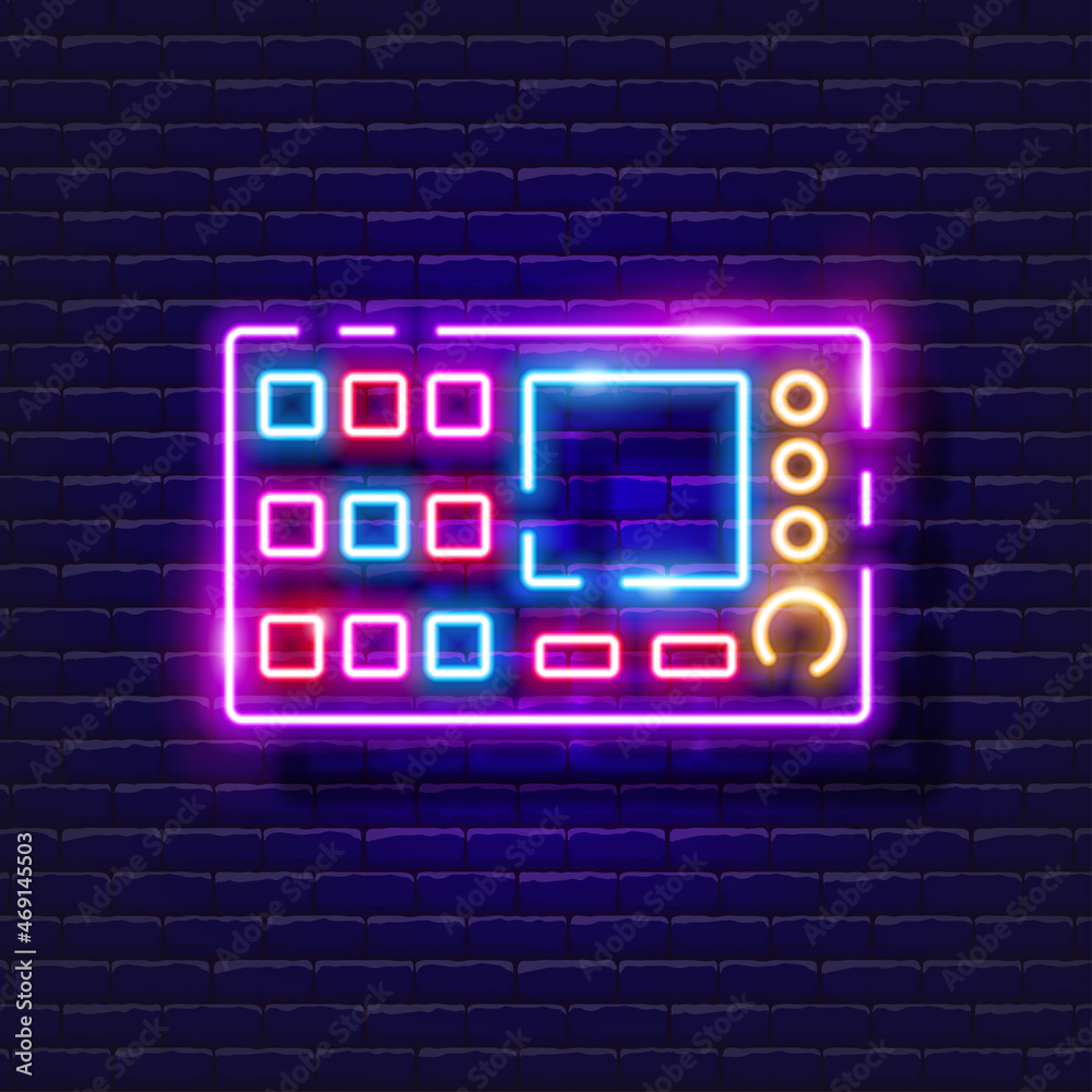 Launchpad neon icon. Music glowing sign. Music concept. Vector illustration for Sound recording studio design, advertising, signboards, vocal studio. Launchpad neon icon. Music glowing sign. Music concept. Vector illustration for Sound recording studio design, advertising, signboards, vocal studio.