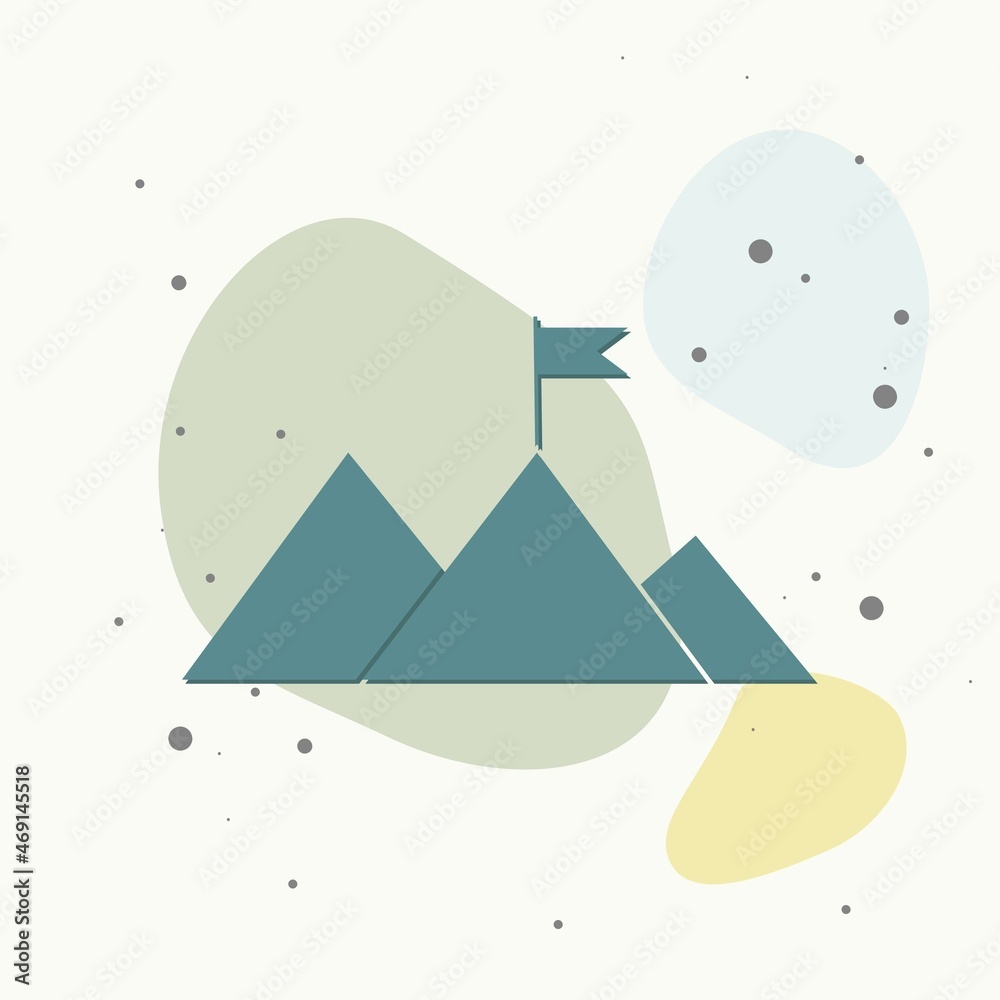 Obraz premium Vector icon mountain and flag on top. Victory symbol on multicolored background.
