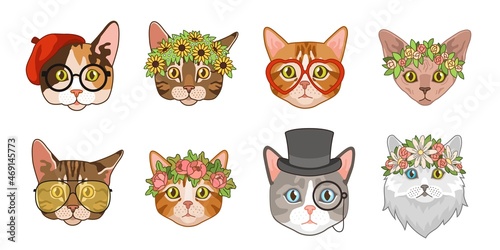 Cat heads. Cute funny cats avatar muzzles with accessories. Portraits with flower crown, hats and glasses. Ladies and gentlemen hipster animals. Fashion trendy print. Vector set