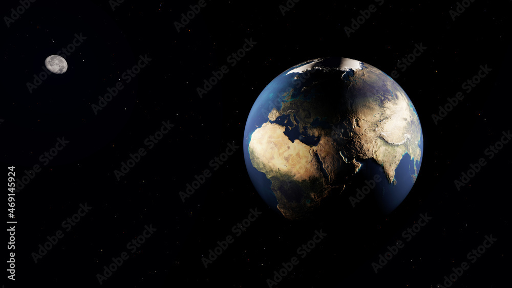 8k Ultra HD 7640x4320. Panoramic view of earth, sun, star and galaxy. Sunrise over planet Earth, view from space. 3d rendering.
