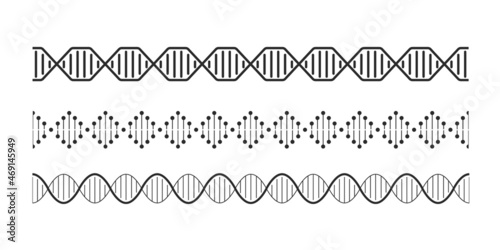 DNA elements. Helix double chromosomes model molecule. Seamless spiral line. Graphic braid. Scientific infographic template. Encoded genetic information. Vector genome linear prints set