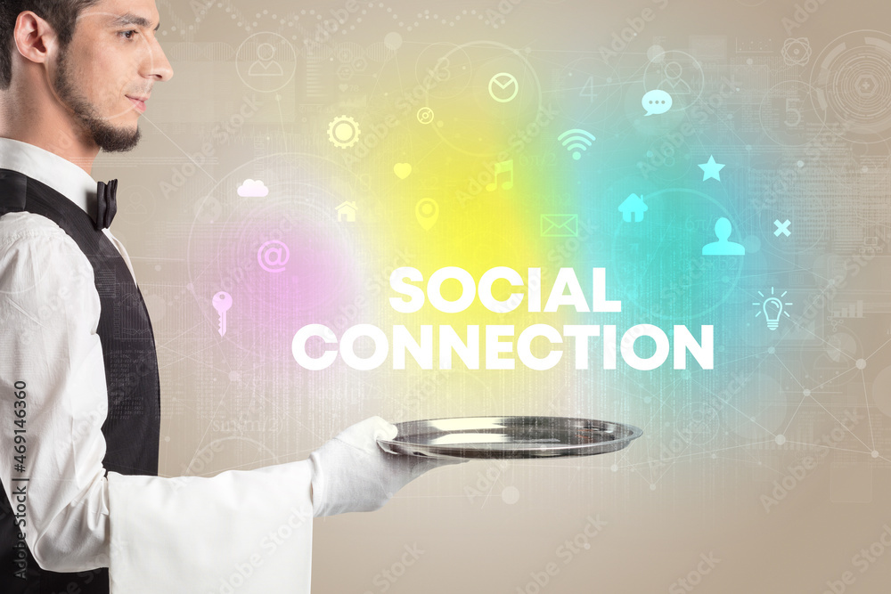 Waiter serving social networking concept Waiter serving social networking concept