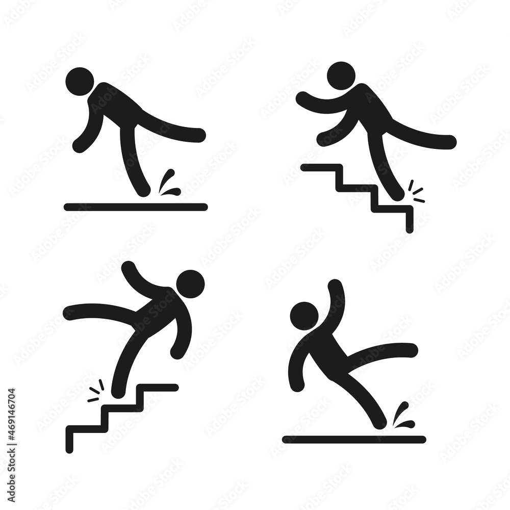 People falling. Person slipping on wet floor, falling down stairs, drop  from altitude. Simple black silhouette unbalanced characters, warning sign  set. Vector cartoon isolated illustration Stock Vector