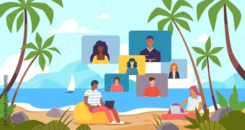 Remote conference call. Freelance. Man and woman working with laptops on beach. Vacation and online chat with friends. Video communication. Freelancers talk to colleagues. Vector concept