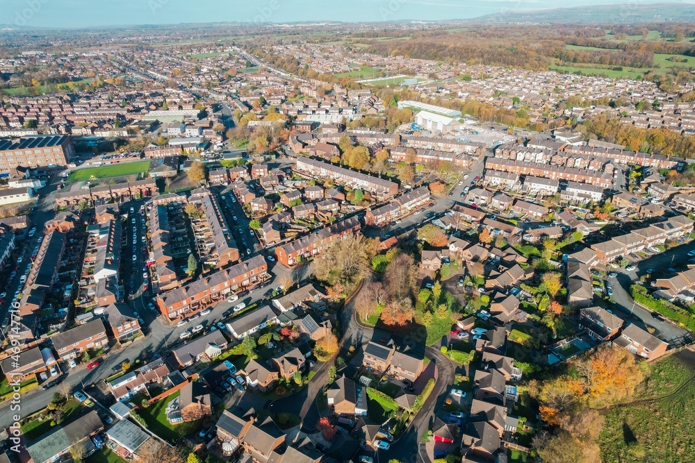 Aerial Houses Residential British England Drone Above View Summer Blue Sky Estate Agent.