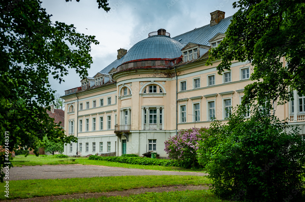 View to Kazdanga Palace built in the late classical style. Facade from the garden side. Latvia. Baltic.