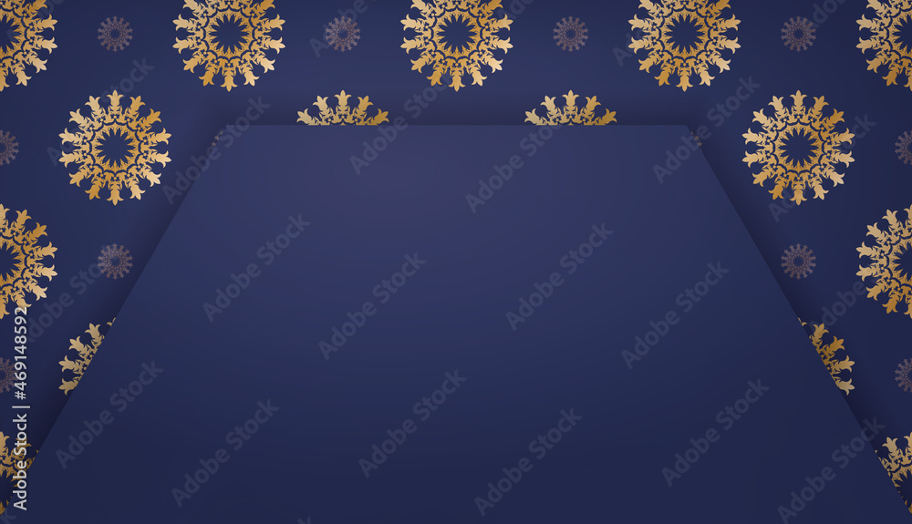 Dark blue color banner template with abstract gold ornament for design under logo or text