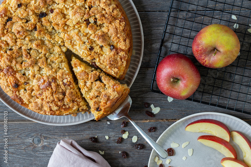 German apple cake and crumble, pie on a plate