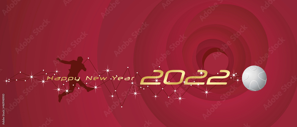 Happy New Year 2022 sport soccer cyberspace star network line design dark red abstract stadium background greeting card