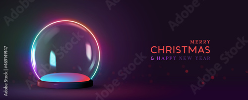 Christmas glowing glass winter snow balls in neon light. Realistic 3d design magical sphere transparent. Holiday decoration objects. Template podium studio. Xmas background. Vector illustration
