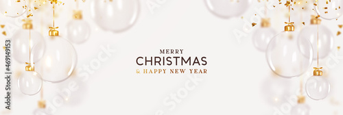 Christmas transparent glass balls hang on gold ribbon, white background with golden falling confetti. Realistic New Year 3d design. Holiday Xmas decoration hanging baubles. Vector illustration