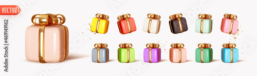 Set gift boxes colored pastel soft colors. Realistic 3d gift box with golden bows minimal style. Decorative items for Christmas and New Years, birthday and weddings, Valentine's Day presents surprises