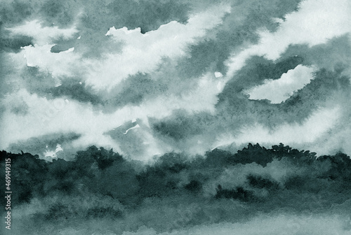 Stormy mood. Monochrome landscape ink painting.