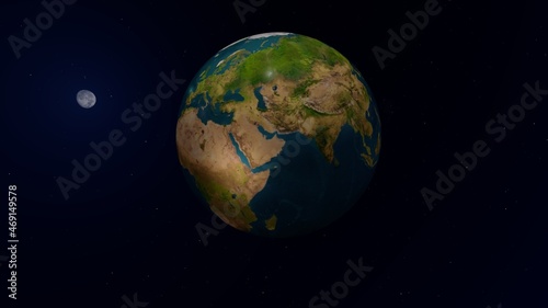 8k Ultra HD 7640x4320. Panoramic view of earth, sun, star and galaxy. Sunrise over planet Earth, view from space. 3d rendering. 