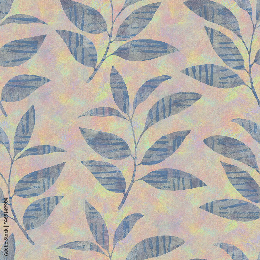 Abstract background from leaves. Mixed media seamless botanical pattern. Watercolor in digital processing. For design, wallpaper, wrapping paper, print, fabric.