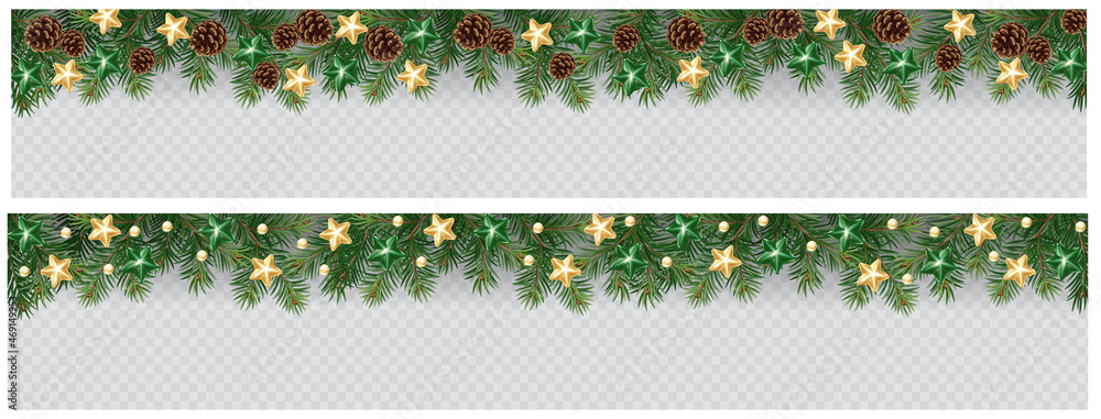 Vector border with white fir branches and with festive decoration elements on transparent background. Christmas tree garland with fir branches, pine cones, and glass decoration - obrazy, fototapety, plakaty 