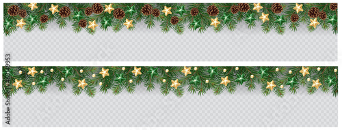 Obraz na plátně Vector border with white fir branches and with festive decoration elements on transparent background