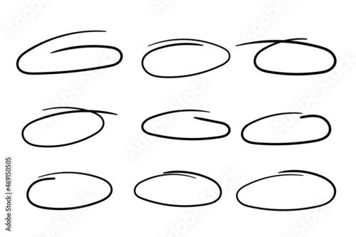 Hand drawn doodle ovals. Highlight circle frames set. Ovals and ellipses line template. Stock vector illustration isolated on white background.