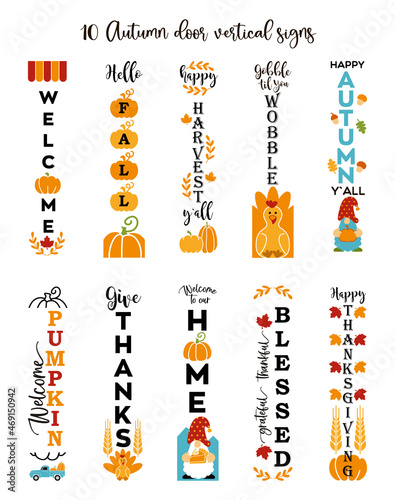 Autumn lettering with pumpkin, gnomes and leaves Vertical Thanksgiving sign.