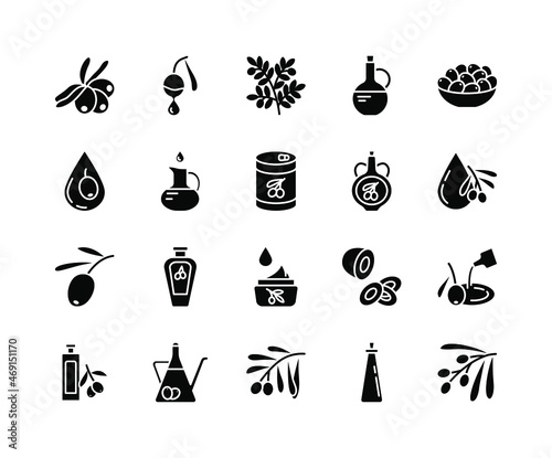 Olive products flat line icons set. Fresh tree fetuses and olive oil in bottles and jugs. Simple flat vector illustration for web site or mobile app