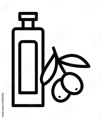 Olive products flat line icon. Fresh tree fetuses and olive oil in bottles and jugs. Outline sign for mobile concept and web design, store