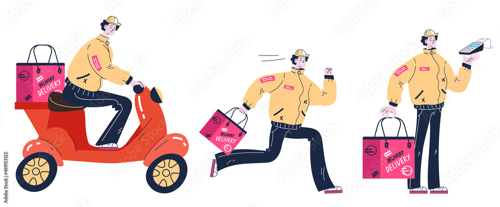 Courier man character running to deliver order. Delivery  design element isolated vector flat illustration set
