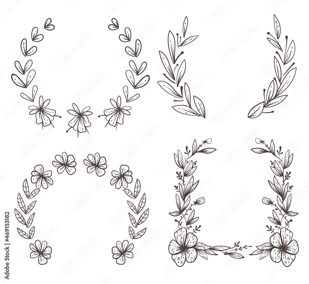 Floral sketch leaves decorative border nature frame isolated set design ...