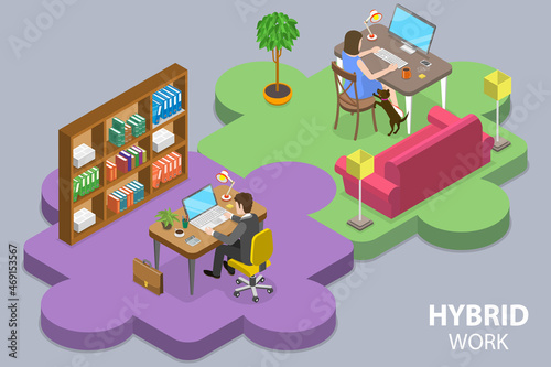 3D Isometric Flat Vector Conceptual Illustration of Hybrid Team, Remote Work From Home, Distant Online Job Opportunites
